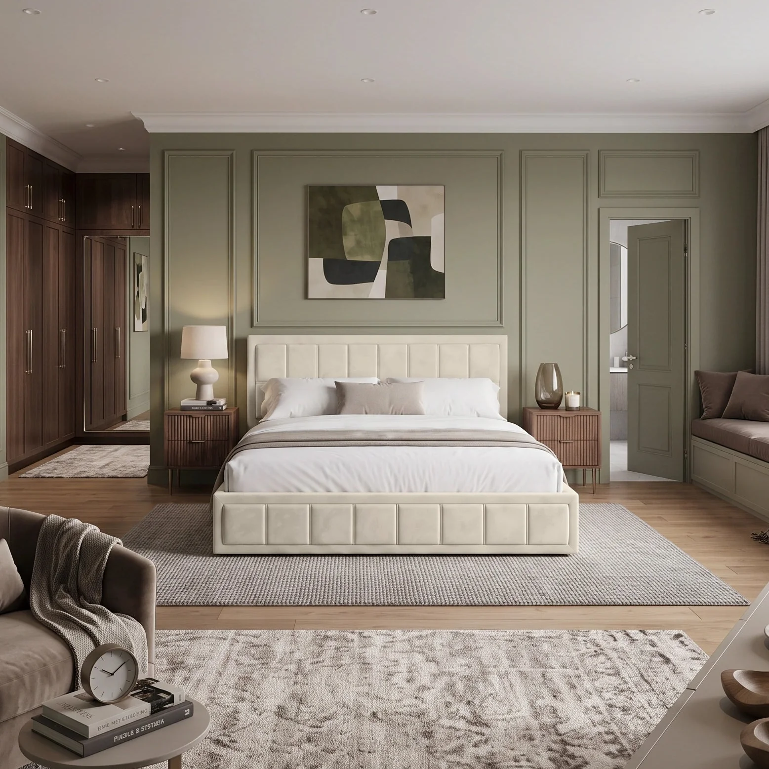 Beige velvet ottoman bed in a bedroom