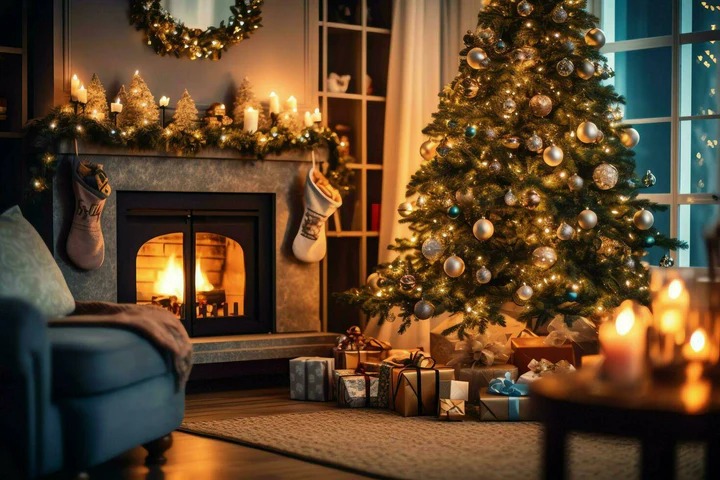 Festive bedroom decorated for Christmas