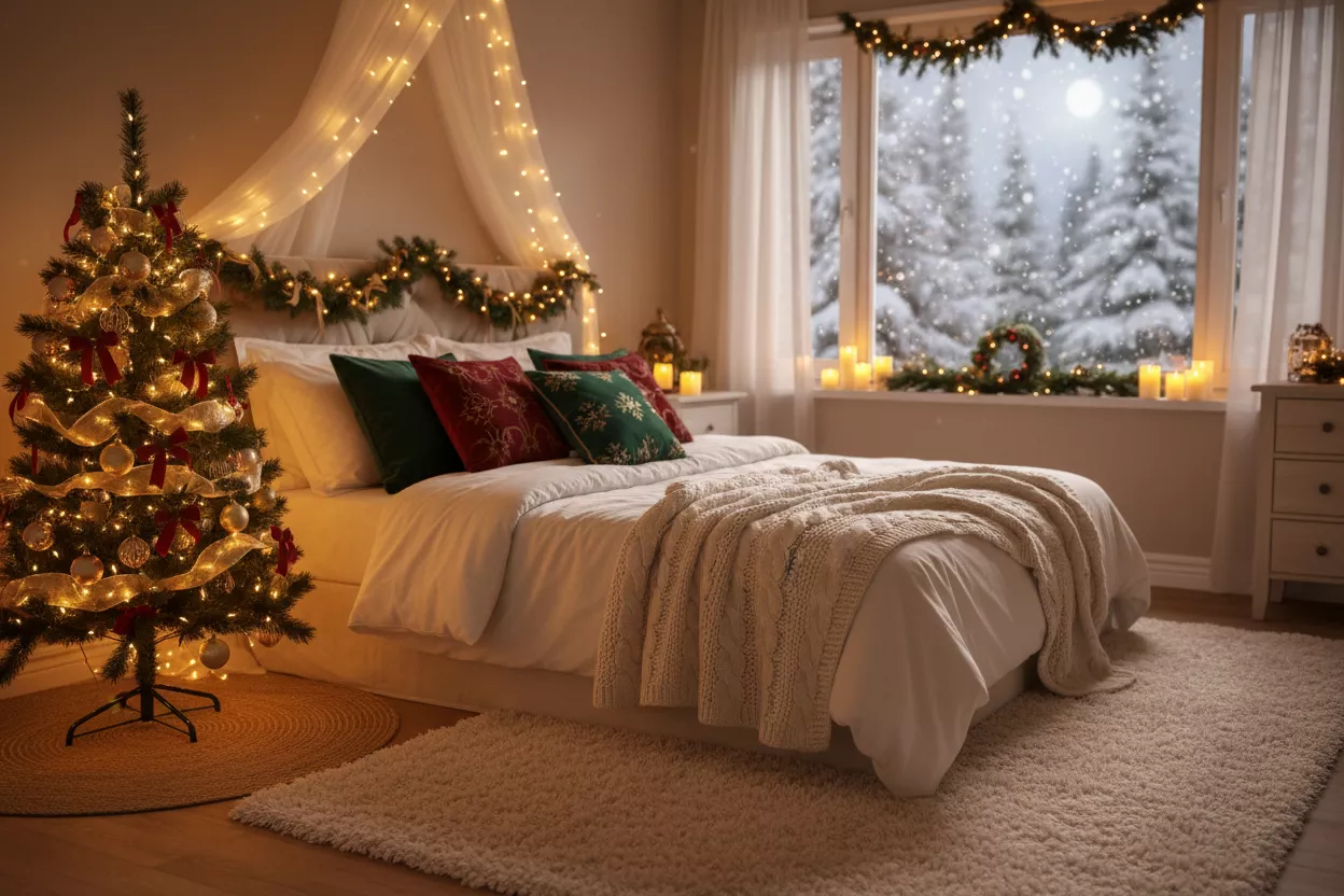 Cosy festive bedroom prepared for a comfortable night's sleep